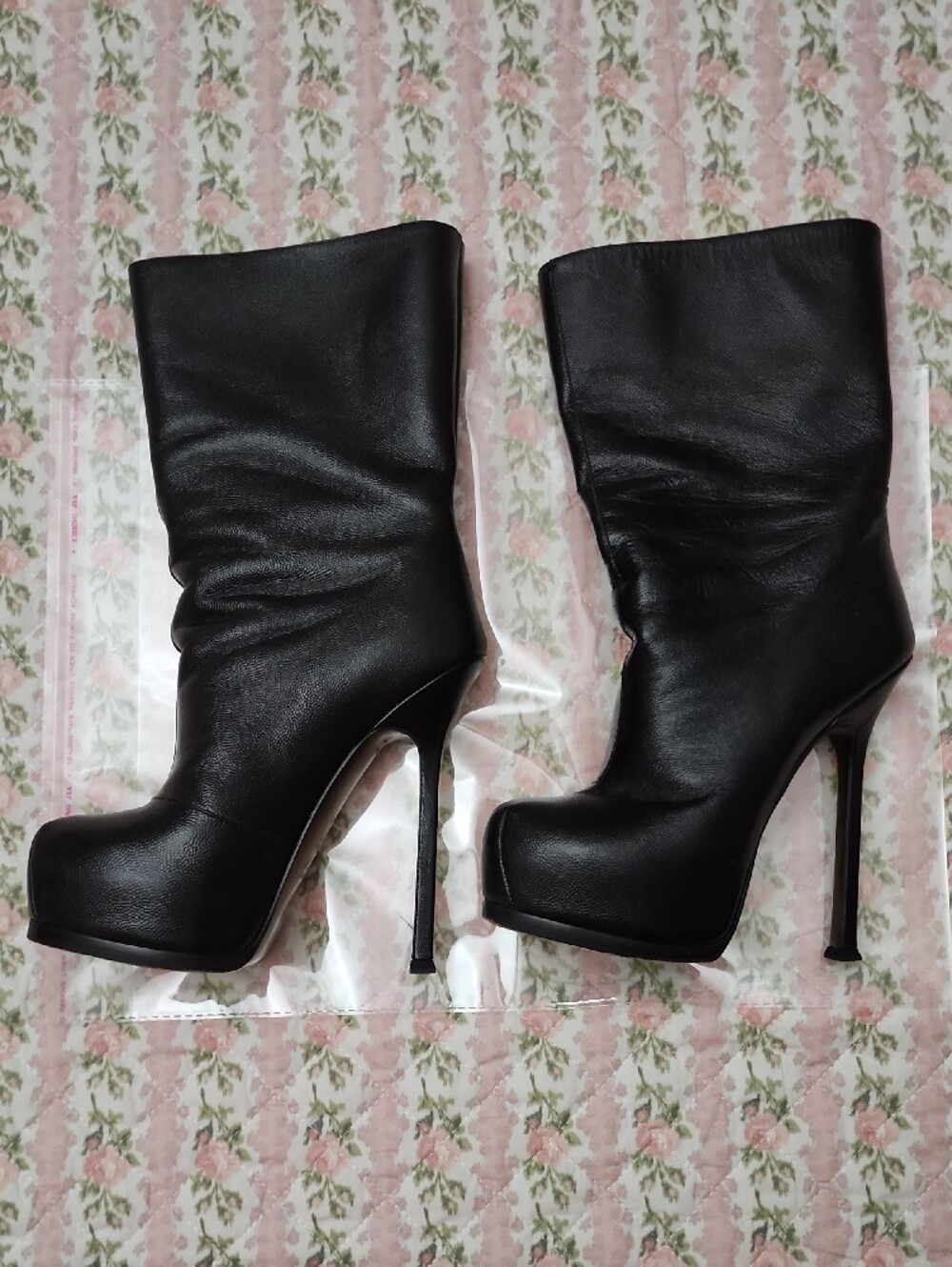 Yves Saint Laurent Black Leather Platform Stiletto Mid-Calf Boots 36 1/2 36.5